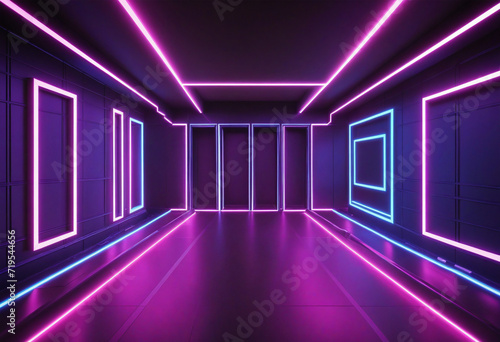 Neon geometric lights on futuristic stage. Colorful laser lines in square tunnel. Nightclub empty room with laser show design.