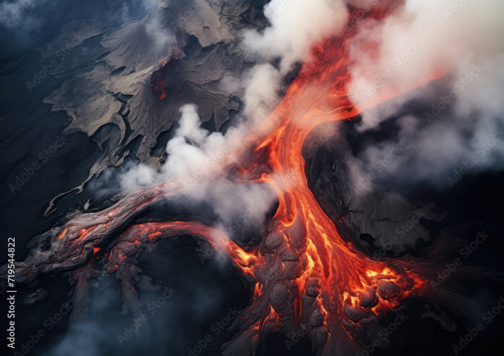 Fiery Fury: A Majestic Aerial View of an Active Volcano Eruption Amidst Nature's Smoky Inferno