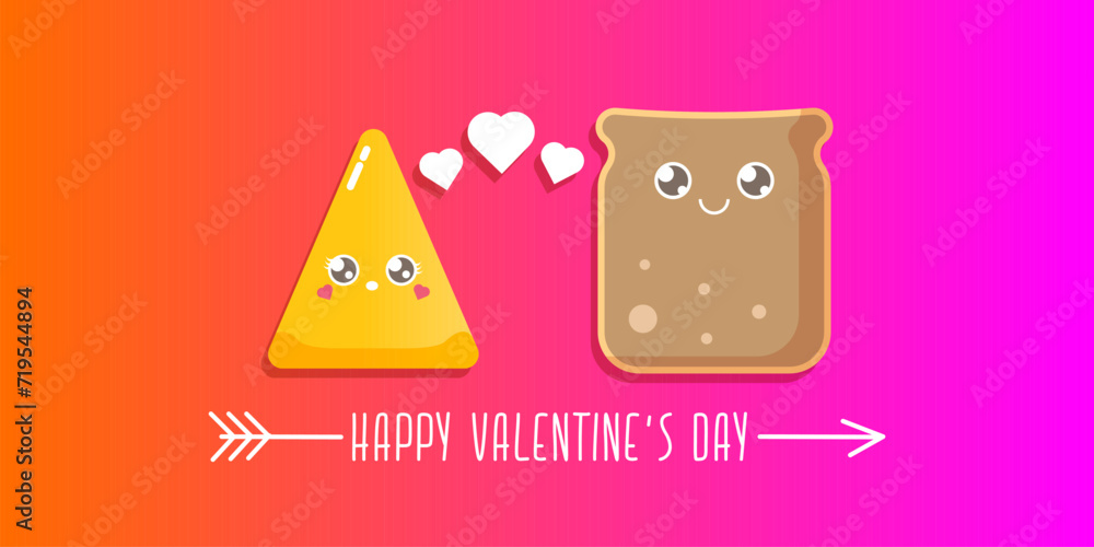 vector cartoon cute bread man character with cheese girl character isolated on pink gradient background. valentines day comic funky kids poster or horizontal banner with funky food couple. vector cartoon cute bread man character with cheese girl character isolated on pink gradient background. valentines day comic funky kids poster or horizontal banner with funky food couple.