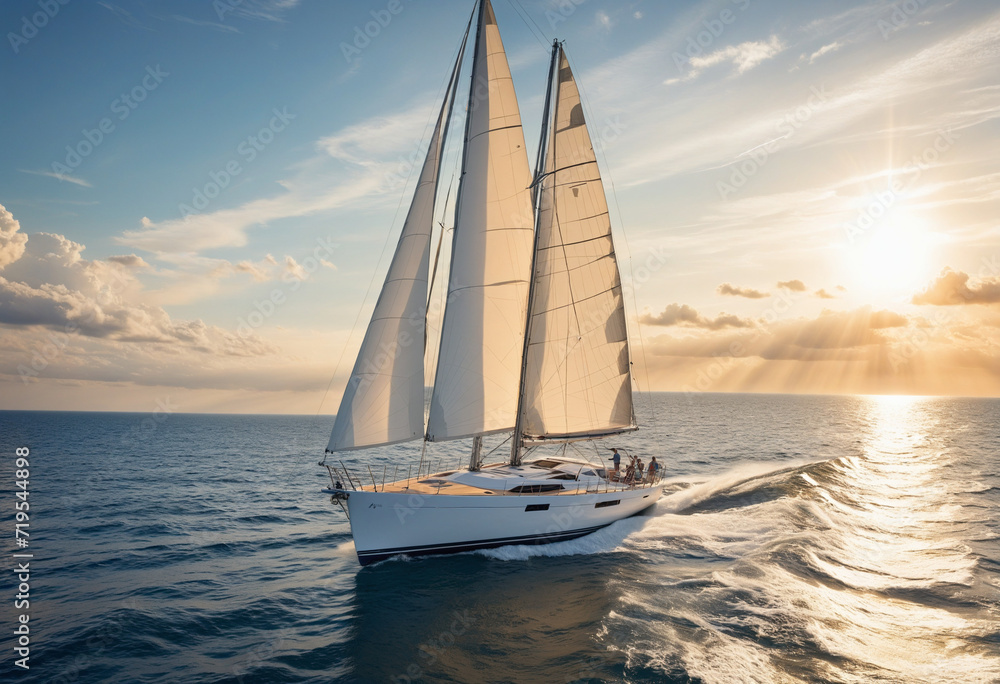 Beautiful sailboat sailing at sunset on the open sea, embodying freedom and excitement