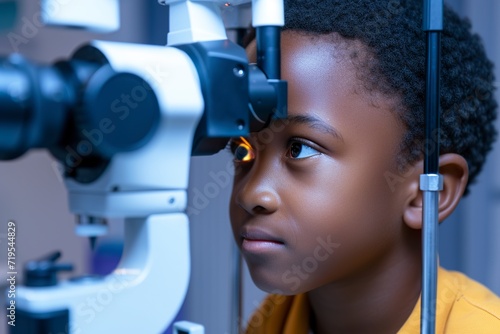 Portrait of a black child undergoing a careful vision assessment. Visual acuity examination and possible eye problems in a black child. Ophthalmology office. photo