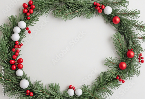 Flat lay holiday composition with homemade garland on white backdrop with space for text