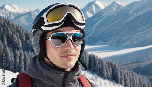 Young man skiing in the snowy mountains