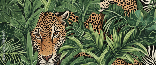 Illustration of animals in the Amazon rainforest on wallpaper photo