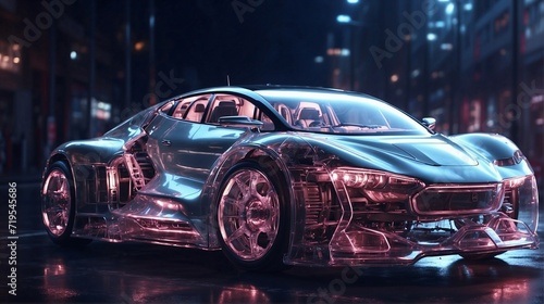 transparent futuristic sports car on neon highway lights on street. Powerful acceleration of a supercar with colorful lights trails. Generative AI © Sanita