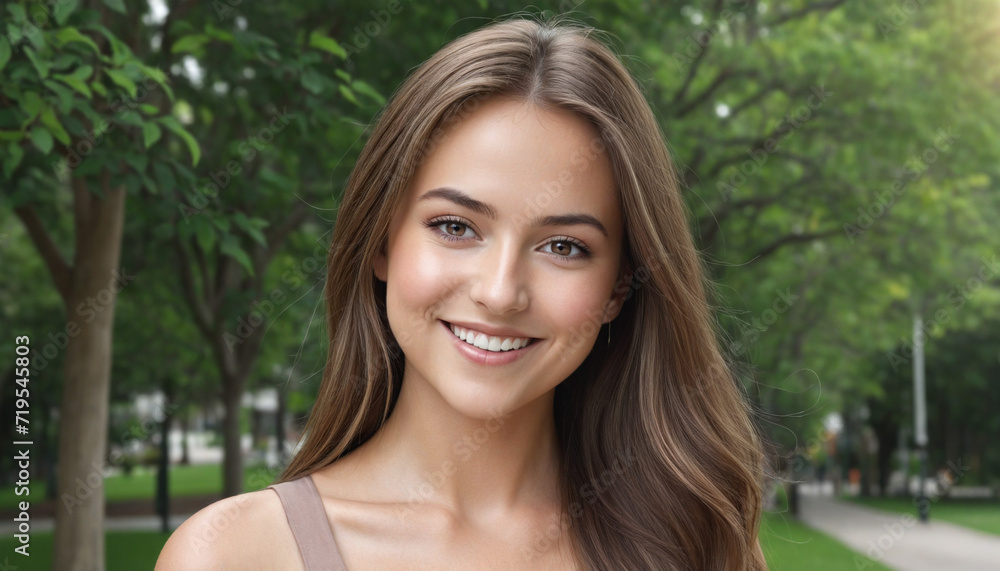 Smiling young woman with brown hair gazing directly at the camera outside Smiling young woman with brown hair gazing directly at the camera outside