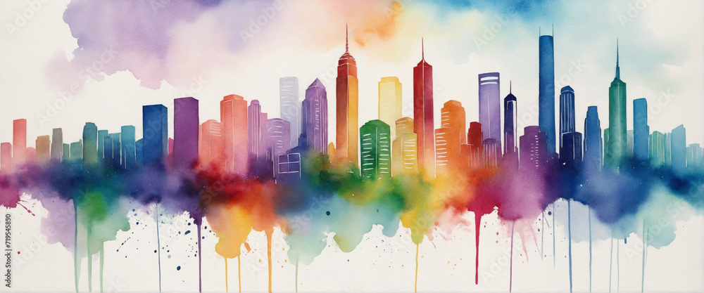 Fototapeta premium Rainbow-colored watercolor painting of city skyscrapers