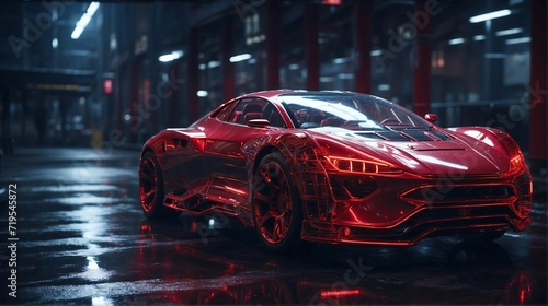 transparent futuristic sports car on neon highway lights on street. Powerful acceleration of a supercar with colorful lights trails. Generative AI © Sanita