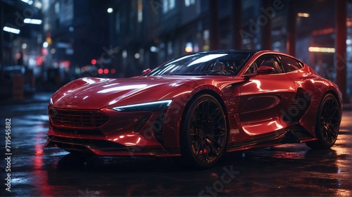Futuristic sports super concept car on the street of a European city in night  street racing on expensive exclusive luxury auto  sport car wallpaper  