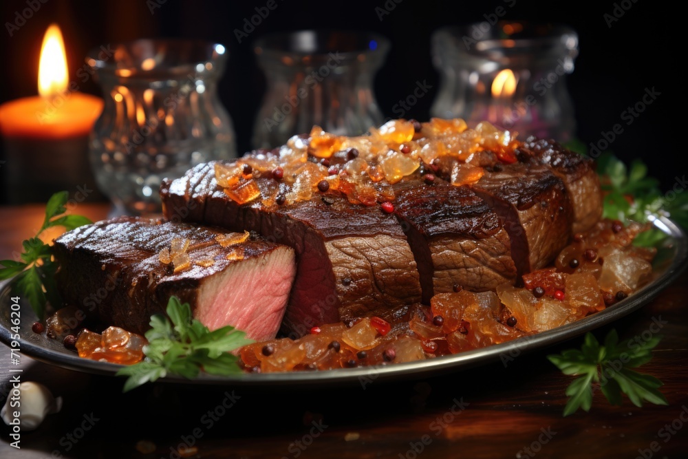 Successful picanha slices, on a silver plate, at a dinner exquisite with candles., generative IA
