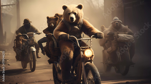 A picture of a bear riding a bike with other animals