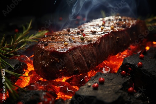 Fresh raw meat fillet on the baked metal sheet over burnt charcoal, generative IA