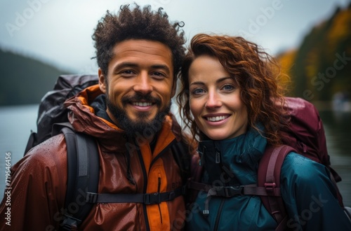 Cheerful man and woman, tourists with backpacks, standing together and smiling. Adventure, travel, and vacation concept