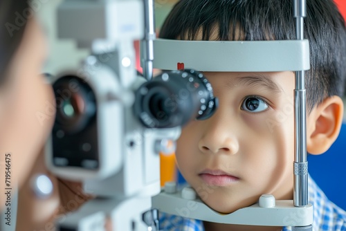 Portrait of an Asian child undergoing a careful vision assessment. Examination of visual acuity and possible eye problems in a child. Ophthalmology office.