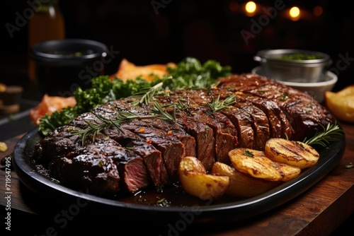 Brazilian picanha baked steak on the grill served with traditional Brazilian dishes, generative IA