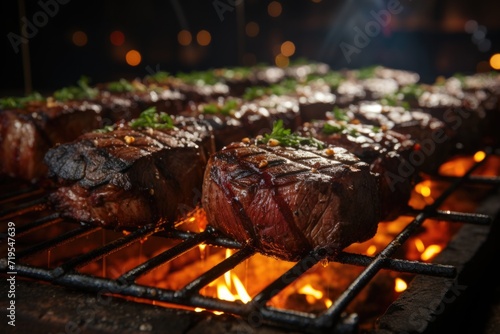 Grilled picanha perfectly, in a barbecue in a park with picnic tables., generative IA