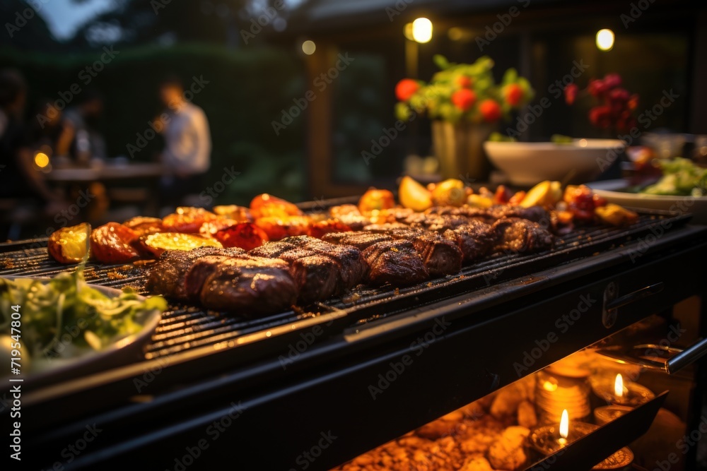 Grilled picanha perfectly, in a garden barbecue with charcoal barbecue and animated friends., generative IA