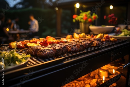 Grilled picanha perfectly  in a garden barbecue with charcoal barbecue and animated friends.  generative IA