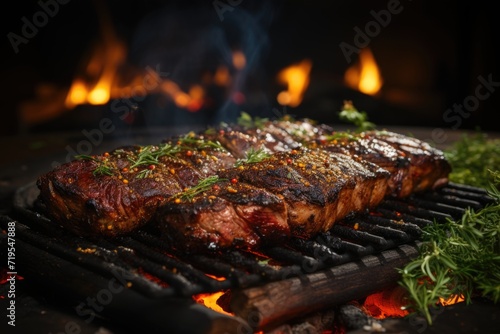 Grilled picanha perfectly, in a garden barbecue with charcoal barbecue and animated friends under the stars., generative IA