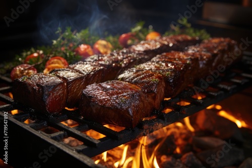Grilled picanha perfectly, in a garden barbecue with charcoal barbecue and animated friends under a starry sky and a bright moon under the moonlight a