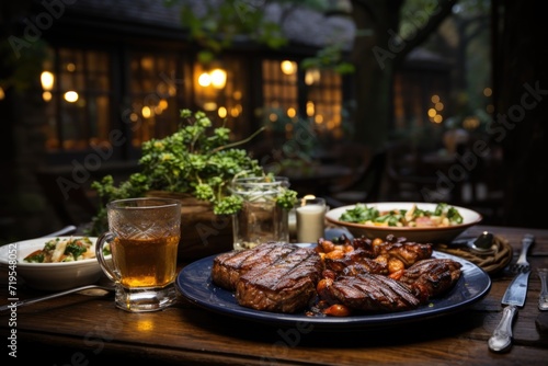 Grilled picanha perfection, served in a traditional restaurant with rustic furniture and a picturesque patio in the moonlight and sparkling stars., ge photo