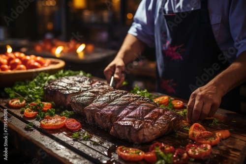 Grilled picanha perfection, served in a traditional restaurant with rustic furniture and a picturesque patio in the moonlight and sparkling stars, und