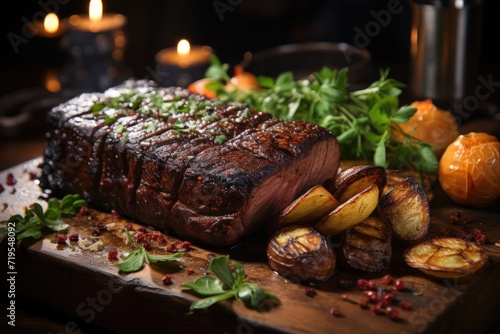 Grilled picanha perfection, served in a traditional restaurant with rustic furniture and a picturesque patio in the moonlight and sparkling stars, und photo