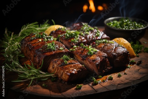 Grilled picanha with fresh herbs, in a barbecue in the backyard with rocking chairs and a quiet stream under the moonlight and a lit bonfire, under th