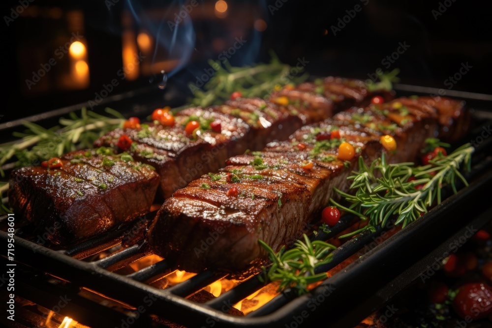 Grilled picanha with fresh herbs, in a barbecue in the backyard with pending lights and live music., generative IA