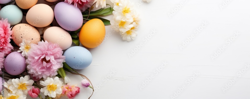 Colorful easter eggs with flowers in a basket