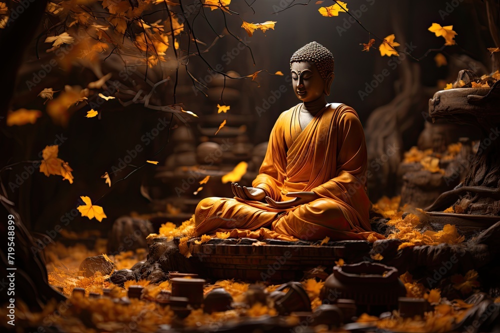 Buddha enlightened under golden tree, surrounded by symbols and serene nature., generative IA