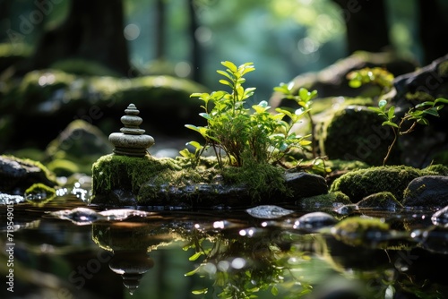 Silent meditation in the serene Jardim Zen: Creek, Stones, Bonsai, Harmony., generative IA