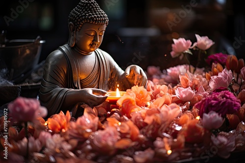Serene offer of flowers and incense in Buddhist temple., generative IA photo