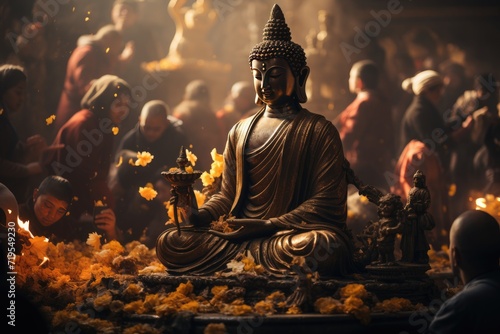 Devotees surround giant Buddha statue in prayer., generative IA