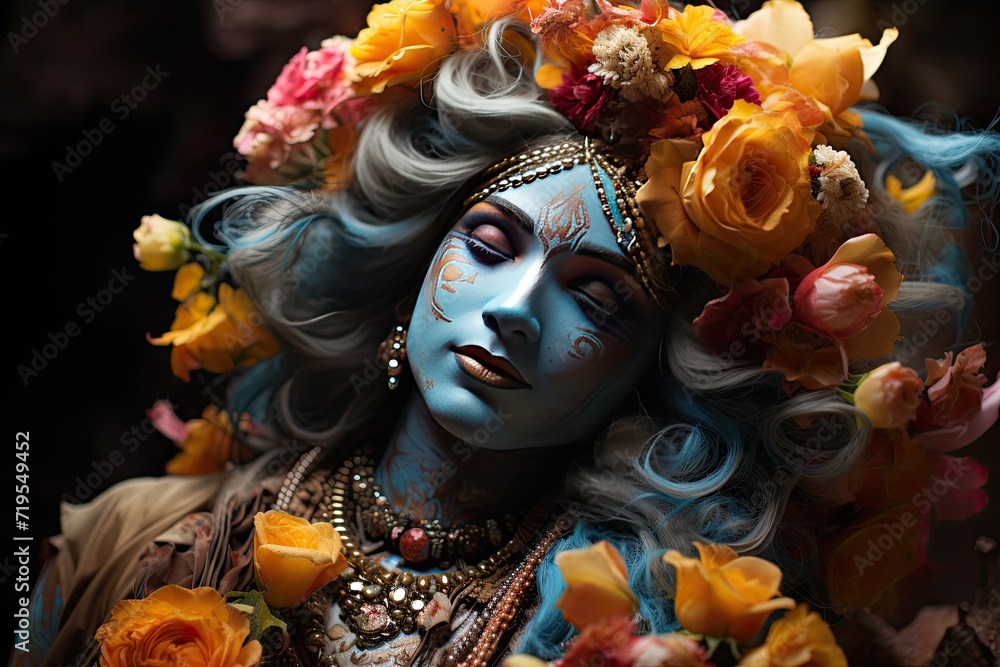 Krishna shines in vibrant Janmashtami Festival: contagious colors, devotion and joy., generative IA