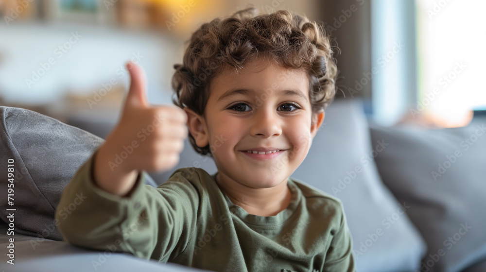 young boy with curly hair is giving a thumbs up to the camera, sporting a big smile young boy with curly hair is giving a thumbs up to the camera, sporting a big smile