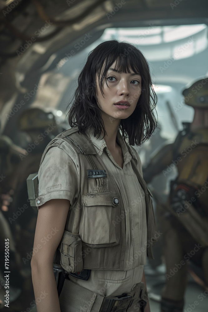 Fototapeta premium A Warrior's Odyssey: Future Woman Amidst Alien Warzone