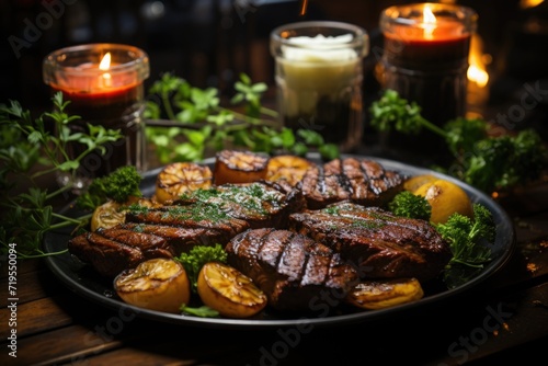 Grilled picanha with fresh herbs, in a barbecue in the backyard with live music., generative IA