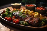 Grilled picanha with fresh vegetables, on an outdoor lunch with family and kids playing., generative IA