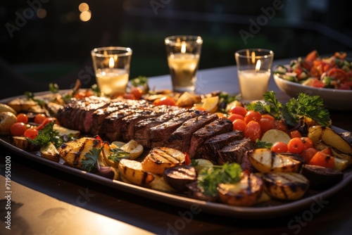 Grilled picanha with fresh vegetables, on an outdoor lunch with family and children playing in a sunny garden with illuminated pool, under the moonlig