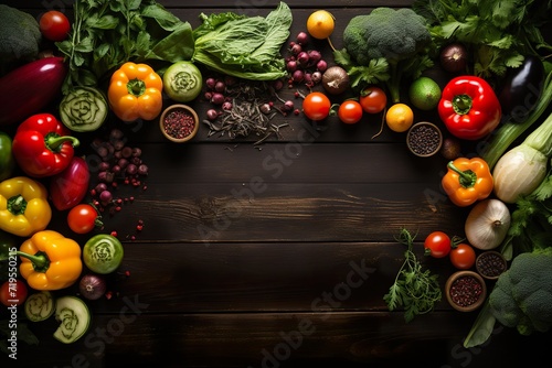 white inscription and vegetables frame, top view, copy space for text and logo, vegetarian cafe concept