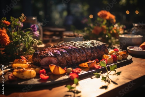 Grilled picanha with fresh vegetables, on an outdoor lunch with family and kids playing., generative IA © Gabriel