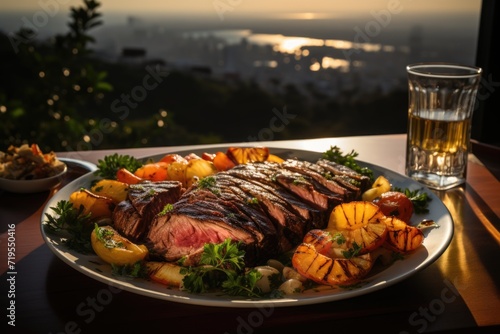Grilled picanha with fresh vegetables, at a family lunch on the terrace overlooking the sea and a stunning sunset, with the stars shining and a smooth