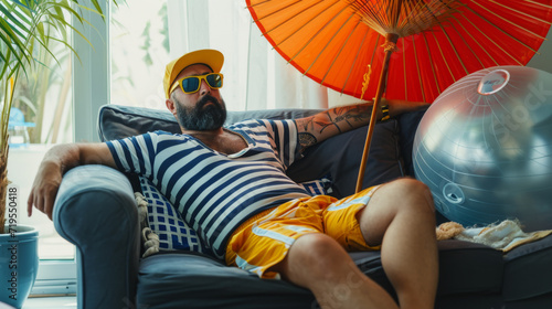 man reclining on a sofa at home, dressed in a striped sailor shirt and yellow shorts, accessorized with a summer hat, sunglasses, and a parasol, giving off a relaxed, vacation vibe at home.