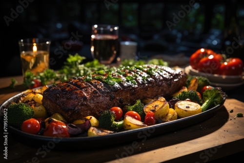 Grilled picanha with vegetables, on an outdoor lunch with friends in a well -kept garden., generative IA