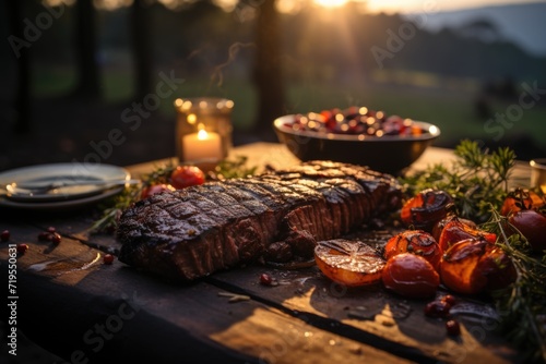 Grilled picanha at the point, in a barbecue in a wooded park with plaid tablecloths and high flames on a sunny and starry afternoon., generative IA