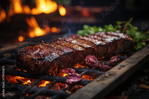 Grilled picanha at the point, in a barbecue in a wooded park with plaid tablecloths and high flames on a sunny, starry afternoon, under the moonlight photo