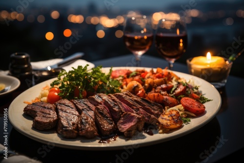 Grilled picanha at the point, served at a celebration dinner with elegant guests on a terrace overlooking the lighted city., generative IA
