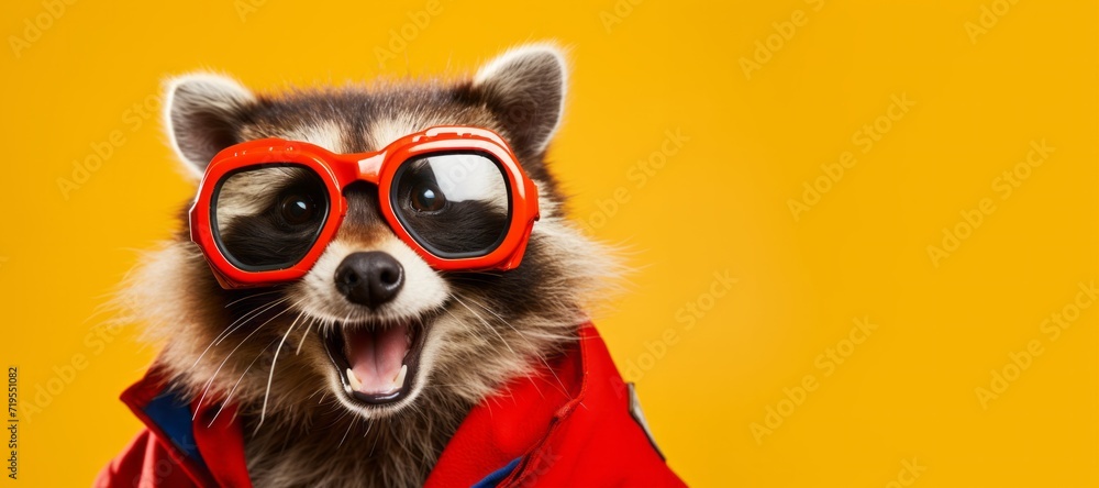 Close up portrait of a raccoon in a superman costume wearing glasses. Funny character for your game or story	 - obrazy, fototapety, plakaty 