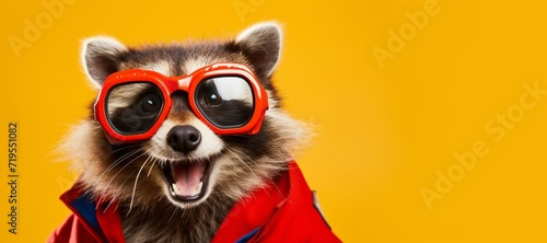Close up portrait of a raccoon in a superman costume wearing glasses. Funny character for your game or story	 photo